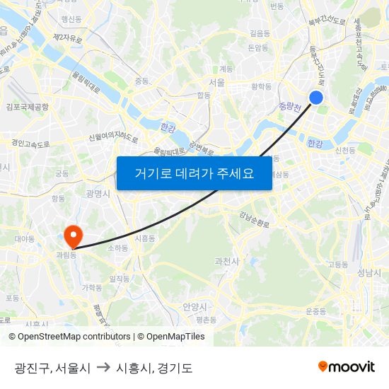 광진구, 서울시 to 시흥시, 경기도 map