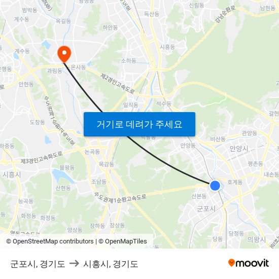 군포시, 경기도 to 시흥시, 경기도 map