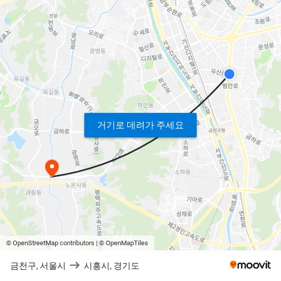 금천구, 서울시 to 시흥시, 경기도 map