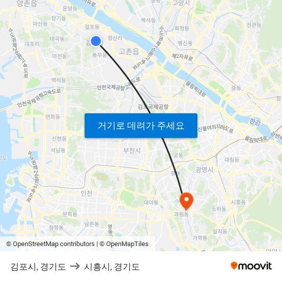 김포시, 경기도 to 시흥시, 경기도 map