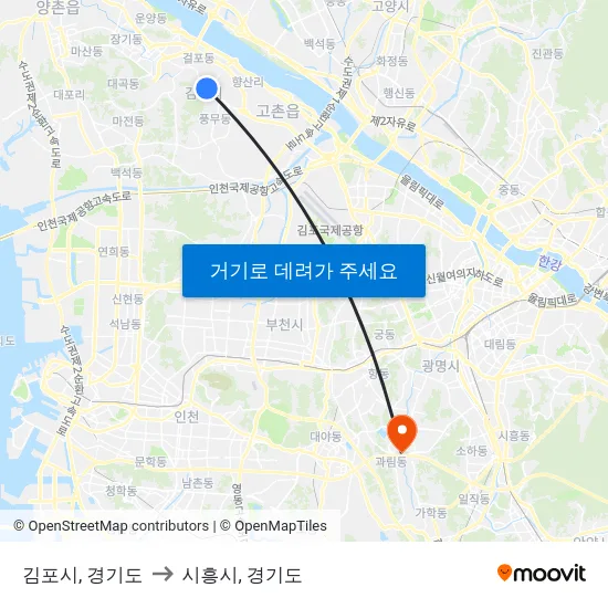 김포시, 경기도 to 시흥시, 경기도 map