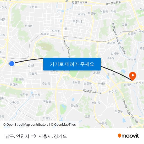 남구, 인천시 to 시흥시, 경기도 map