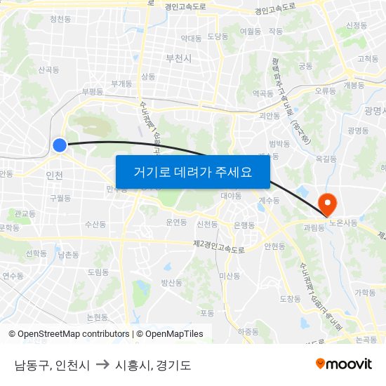 남동구, 인천시 to 시흥시, 경기도 map