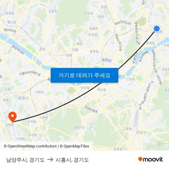 남양주시, 경기도 to 시흥시, 경기도 map