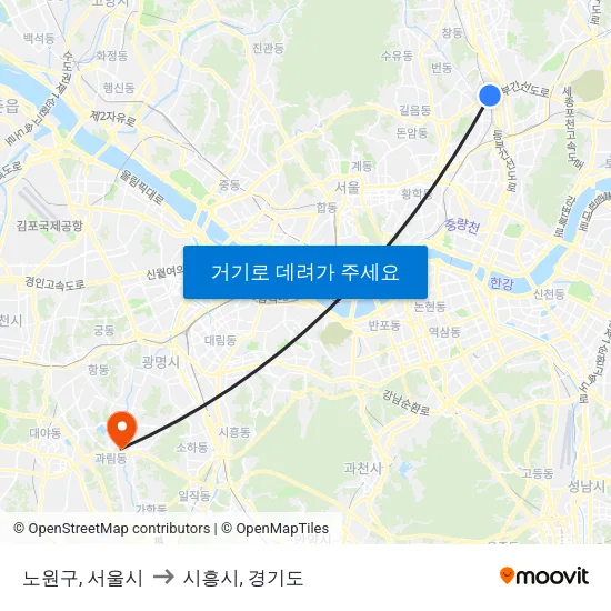 노원구, 서울시 to 시흥시, 경기도 map