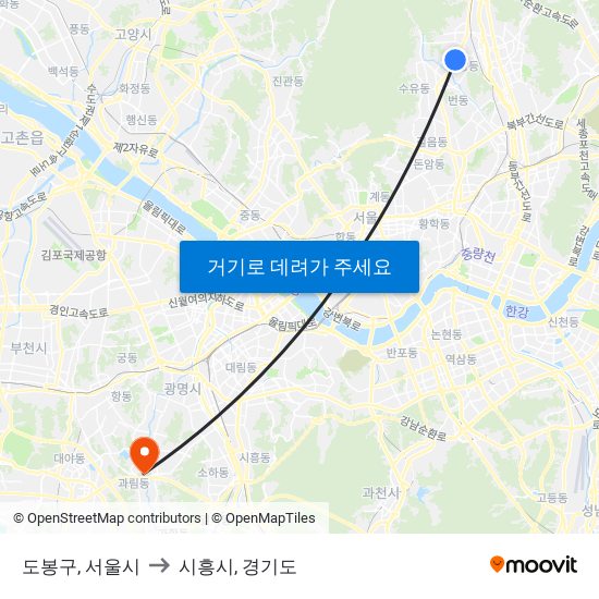 도봉구, 서울시 to 시흥시, 경기도 map