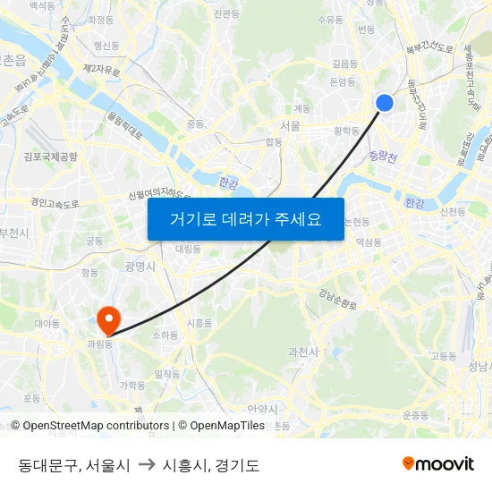 동대문구, 서울시 to 시흥시, 경기도 map