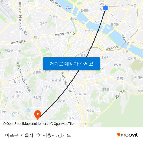 마포구, 서울시 to 시흥시, 경기도 map