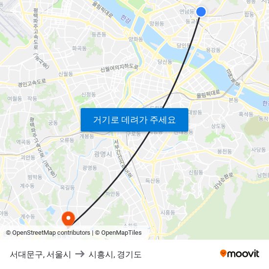 서대문구, 서울시 to 시흥시, 경기도 map