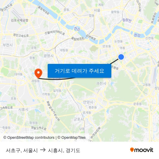 서초구, 서울시 to 시흥시, 경기도 map