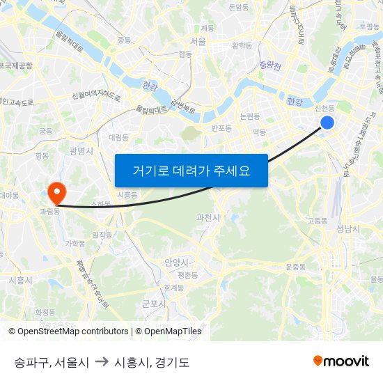 송파구, 서울시 to 시흥시, 경기도 map