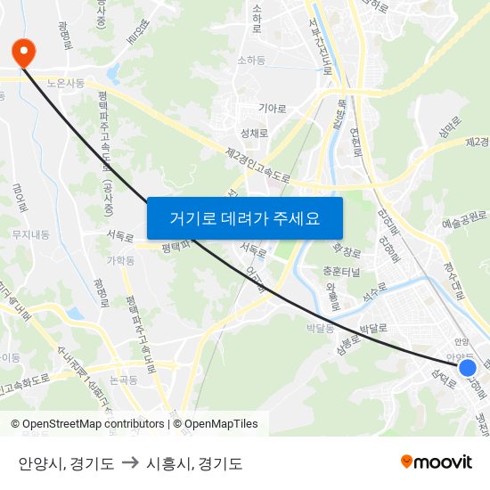 안양시, 경기도 to 시흥시, 경기도 map