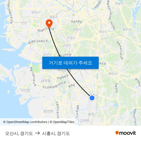 오산시, 경기도 to 시흥시, 경기도 map
