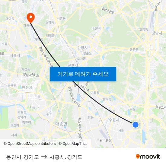 용인시, 경기도 to 시흥시, 경기도 map