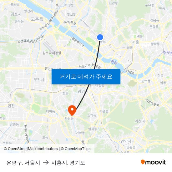 은평구, 서울시 to 시흥시, 경기도 map