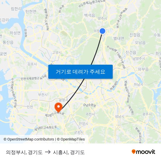 의정부시, 경기도 to 시흥시, 경기도 map