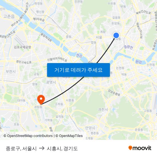 종로구, 서울시 to 시흥시, 경기도 map