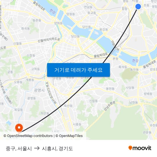 중구, 서울시 to 시흥시, 경기도 map