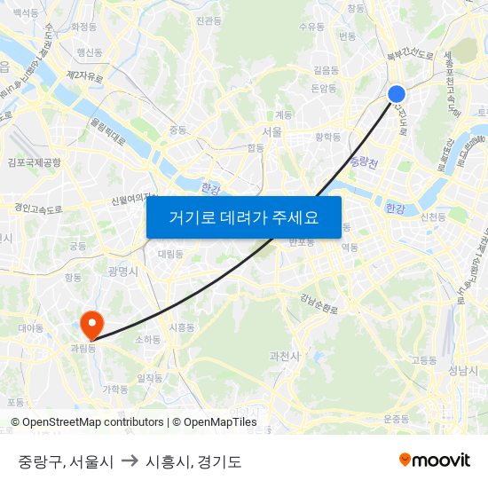 중랑구, 서울시 to 시흥시, 경기도 map