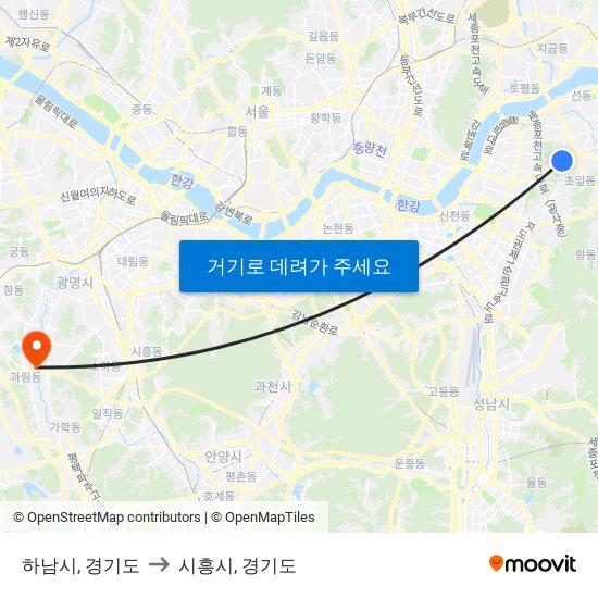 하남시, 경기도 to 시흥시, 경기도 map