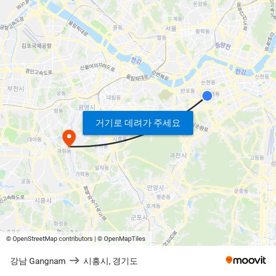 강남 Gangnam to 시흥시, 경기도 map