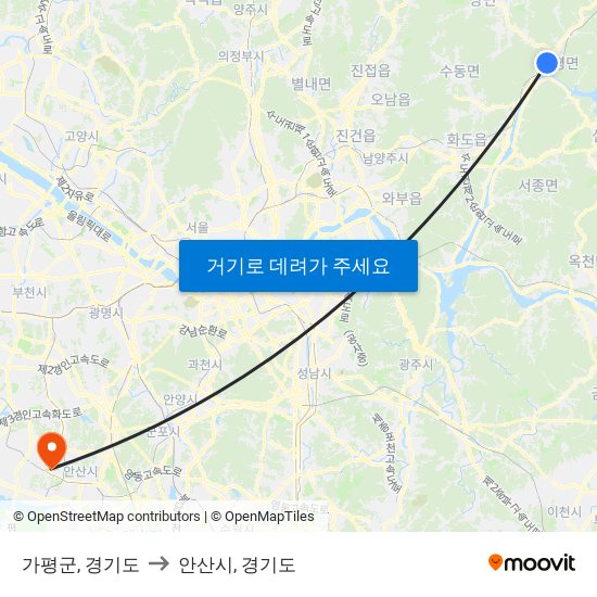 가평군, 경기도 to 안산시, 경기도 map