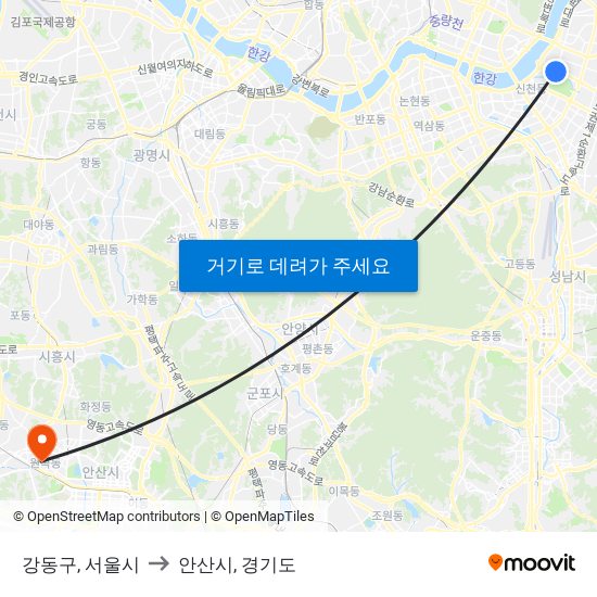 강동구, 서울시 to 안산시, 경기도 map