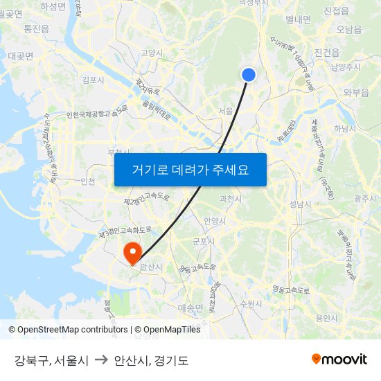 강북구, 서울시 to 안산시, 경기도 map
