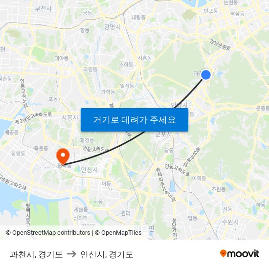 과천시, 경기도 to 안산시, 경기도 map