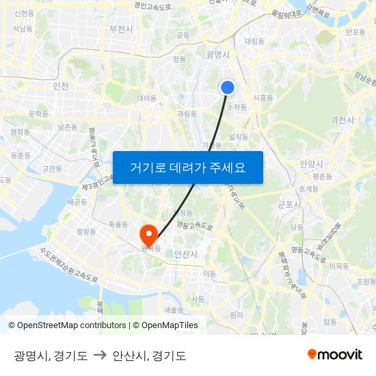 광명시, 경기도 to 안산시, 경기도 map