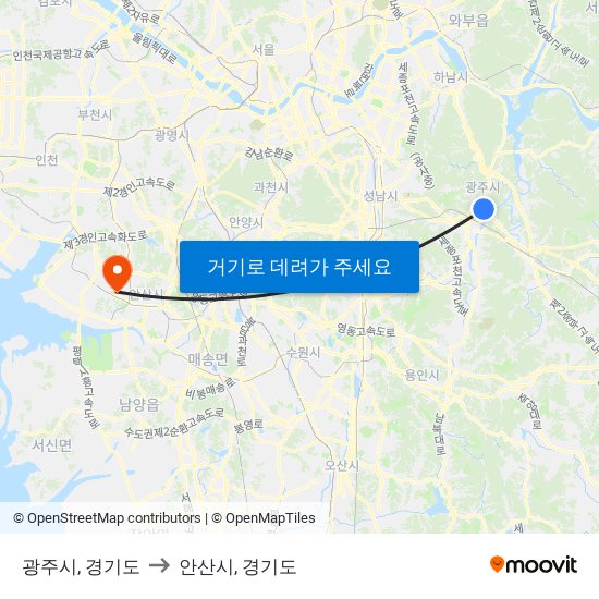 광주시, 경기도 to 안산시, 경기도 map