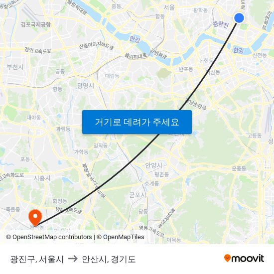 광진구, 서울시 to 안산시, 경기도 map