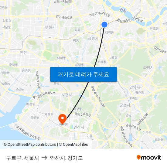 구로구, 서울시 to 안산시, 경기도 map