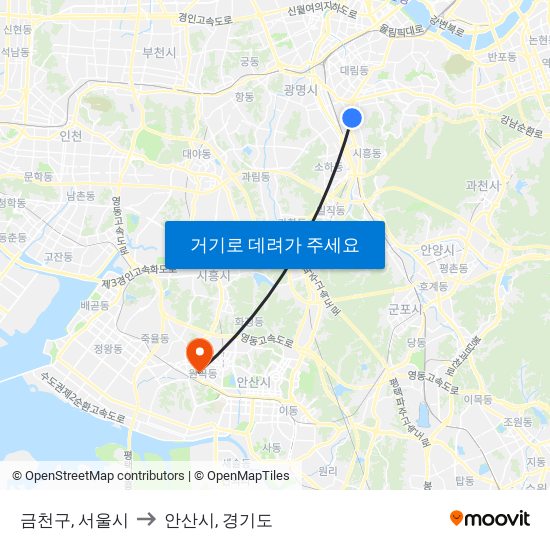 금천구, 서울시 to 안산시, 경기도 map