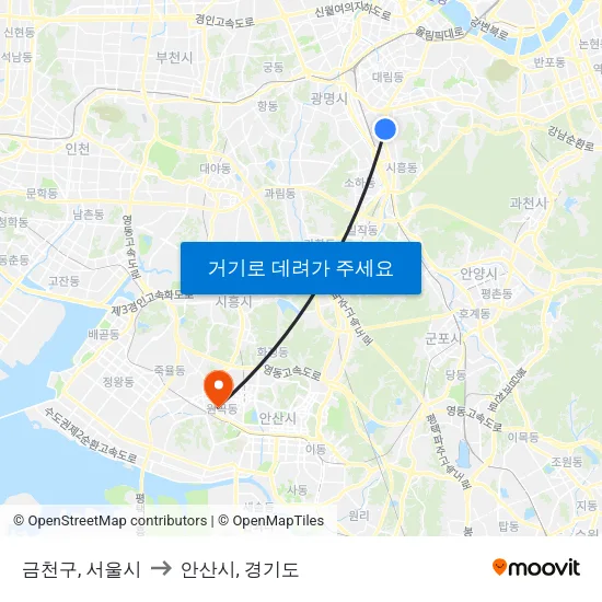 금천구, 서울시 to 안산시, 경기도 map