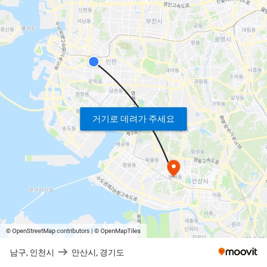 남구, 인천시 to 안산시, 경기도 map