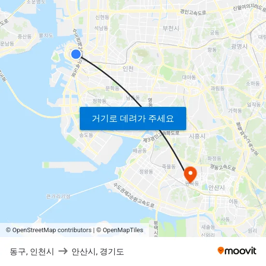 동구, 인천시 to 안산시, 경기도 map