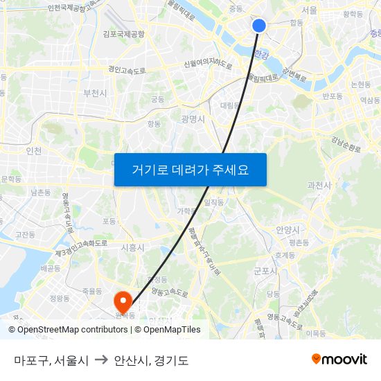마포구, 서울시 to 안산시, 경기도 map