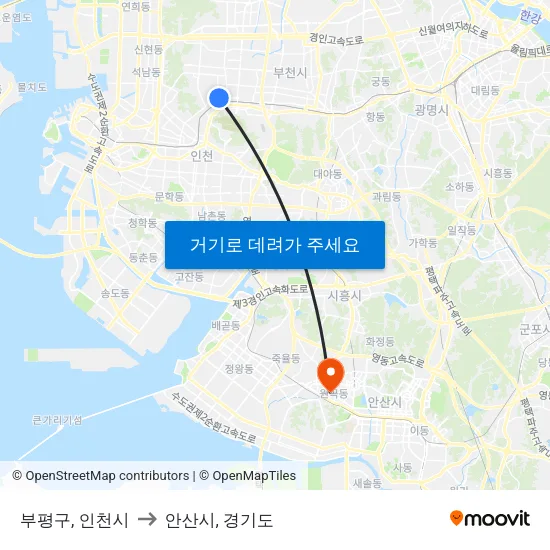 부평구, 인천시 to 안산시, 경기도 map