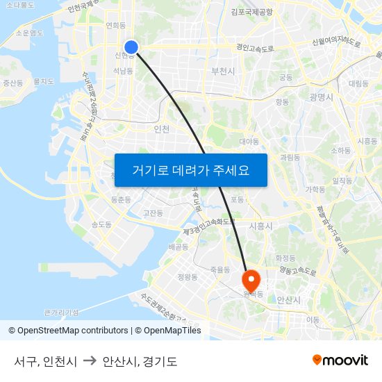서구, 인천시 to 안산시, 경기도 map