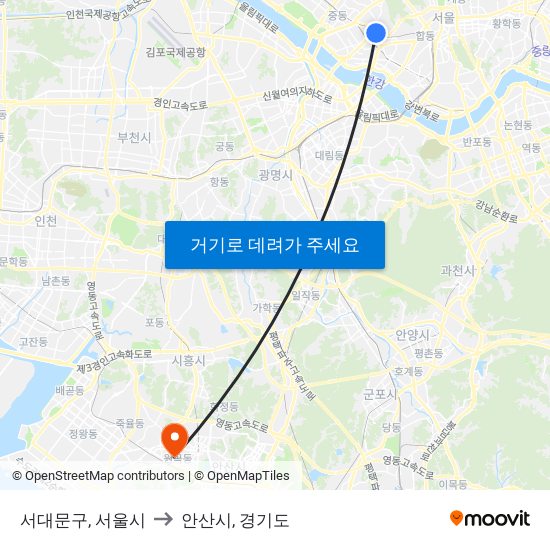 서대문구, 서울시 to 안산시, 경기도 map
