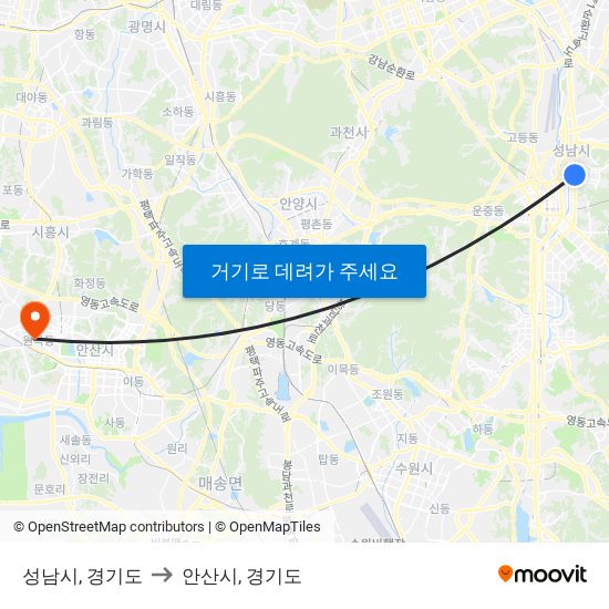 성남시, 경기도 to 안산시, 경기도 map