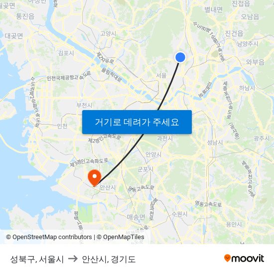 성북구, 서울시 to 안산시, 경기도 map