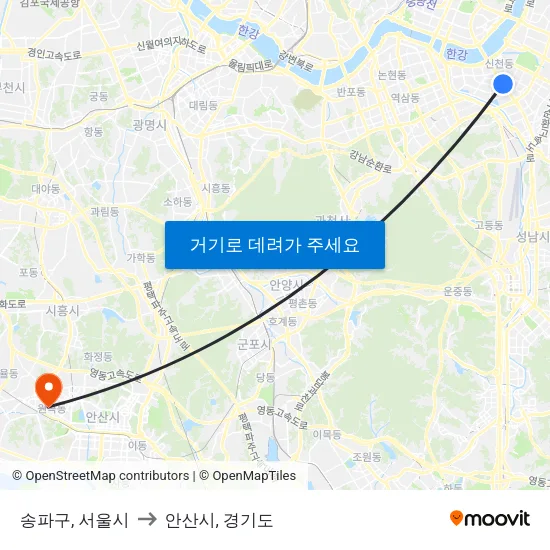 송파구, 서울시 to 안산시, 경기도 map