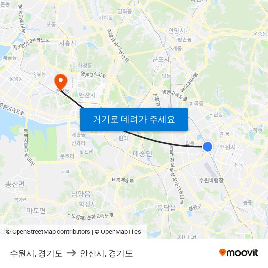 수원시, 경기도 to 안산시, 경기도 map