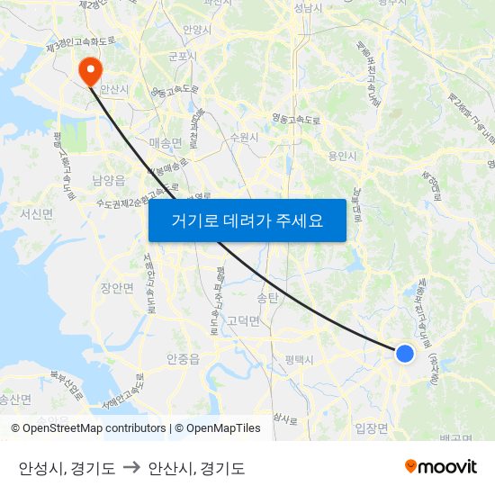 안성시, 경기도 to 안산시, 경기도 map