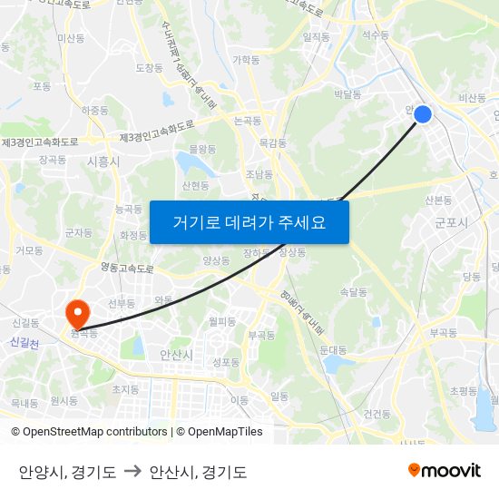 안양시, 경기도 to 안산시, 경기도 map