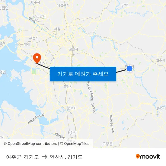 여주군, 경기도 to 안산시, 경기도 map