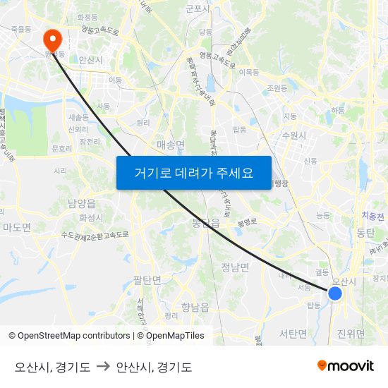 오산시, 경기도 to 안산시, 경기도 map