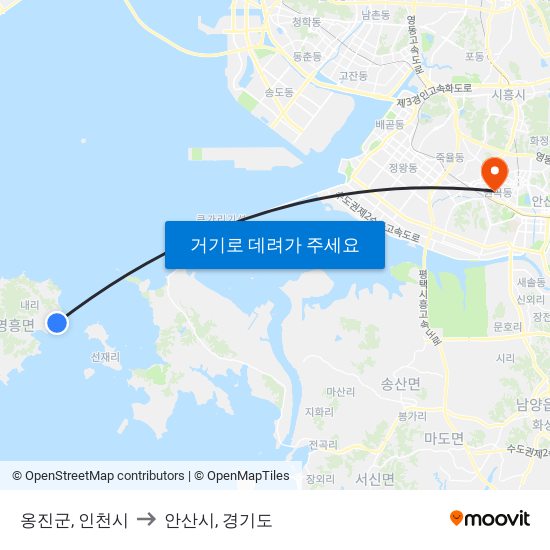 옹진군, 인천시 to 안산시, 경기도 map